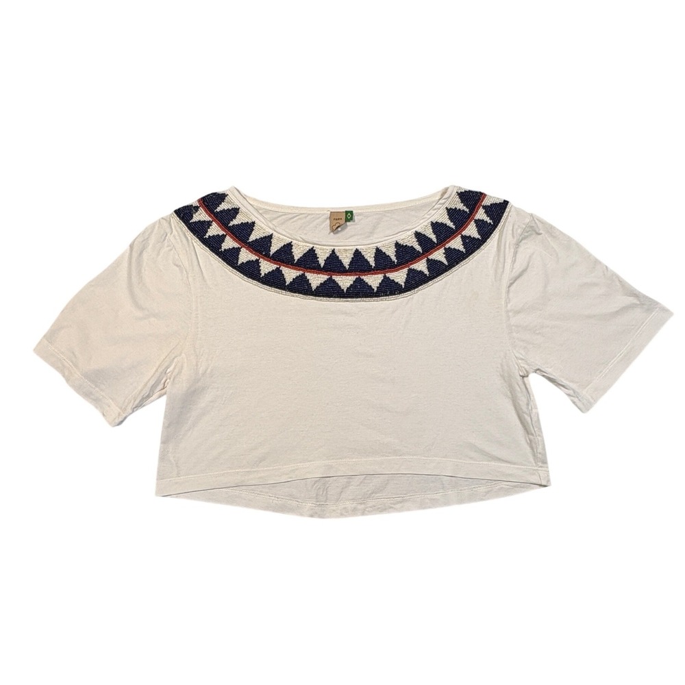 Farm Rio Beaded Neckline Crop Top Cream Navy Blue Geometric Boho Size P Small